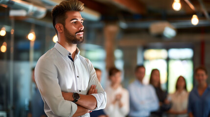 Fototapeta premium young entrepreneur or team leader talking in front of business people explain his future plans to raise funding for the start up, public speaking or leadership concept