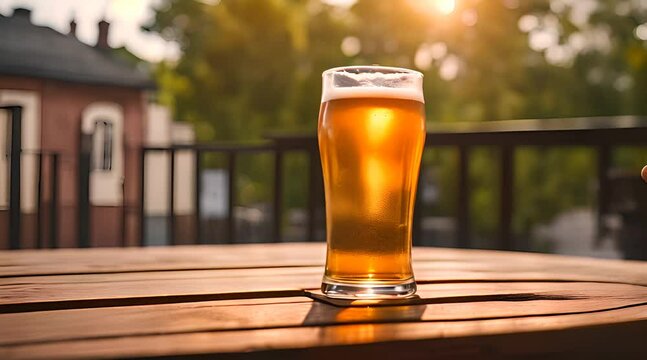 pinte de bi&egrave;re pos&eacute; sur une table en bois en terrasse d'un bar en &eacute;t&eacute;