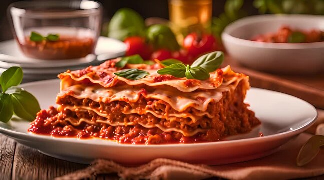Pr&eacute;sentation d'une assiette avec une part de Lasagne bolognaise pr&ecirc;t &agrave; d&eacute;guster, photographie culinaire