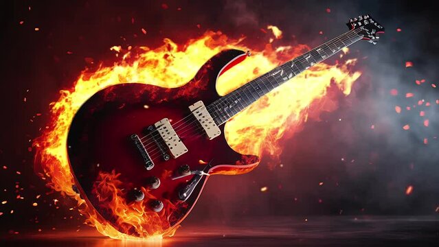 Electric Guitar on Fire: Fiery Display Symbolizing Metal Music