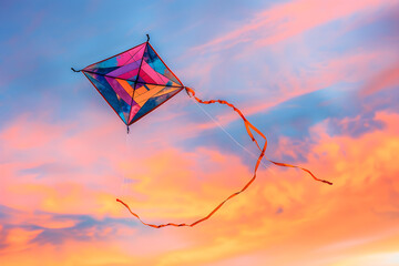 Serene Twilight Sky Featuring a Vibrant, Geometrically-Patterned VG Kite