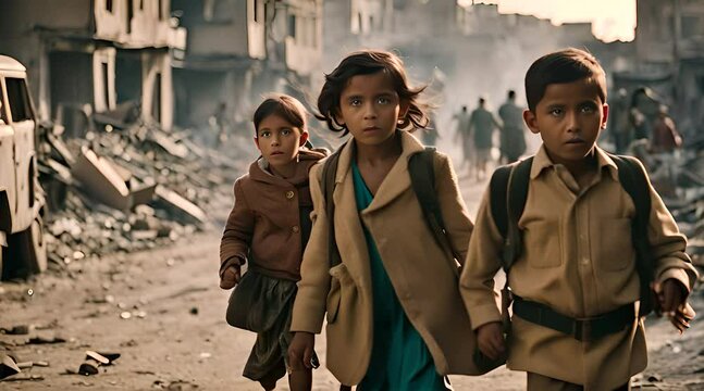 sc&egrave;ne dramatique d'une famille de r&eacute;fugi&eacute;s qui fuit et regarde leur ville en guerre sous les bombardements