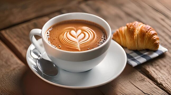 Tasse &agrave; caf&eacute; et croissant sur une table en bois