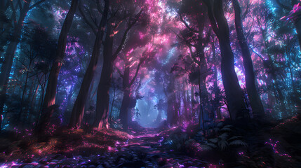 the forest with colorful rays penetrating the trees, making the forest look sparkling and beautiful