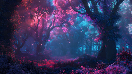 view of the forest with large trees illuminated by purple and pink light penetrating into the forest, fireflies flying creating an amazing view