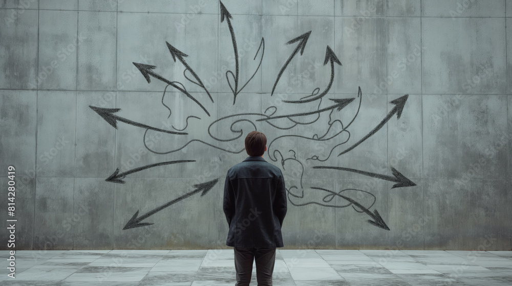 Poster a man in front of a wall with drawn arrows, symbolizing decision making or brainstorming, generative