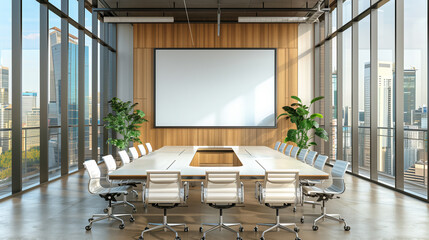 Modern office interior with a large framed poster, conference room with a city view, design concept, light-filled space. Generative AI