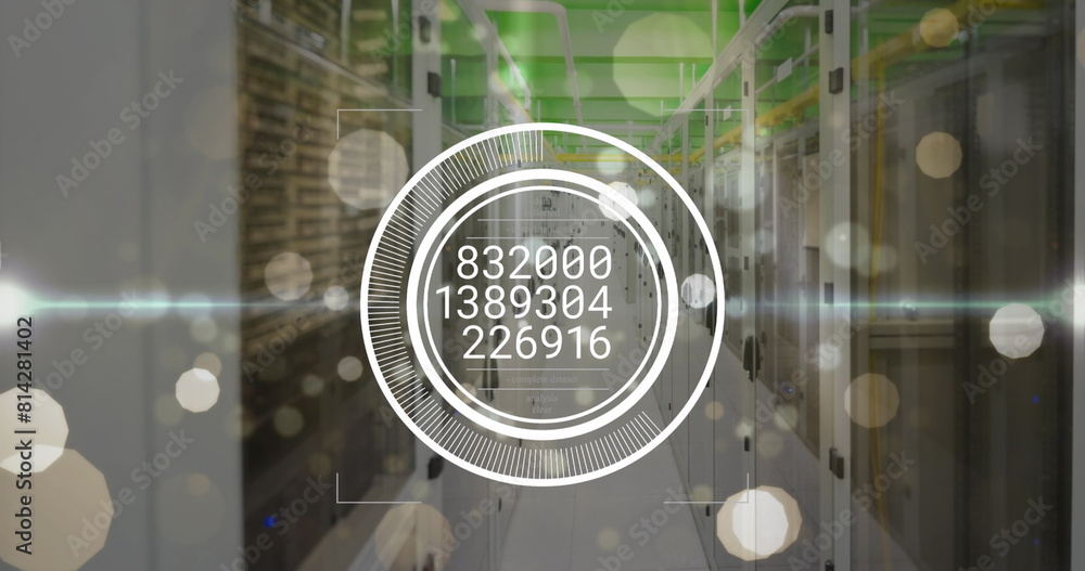 Aufkleber image of white spots and changing numbers over round scanner against computer server room