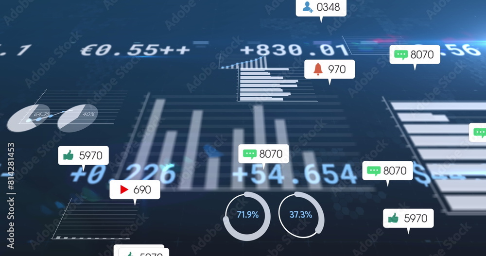 Poster image of social media icons floating over statistical data processing against blue background