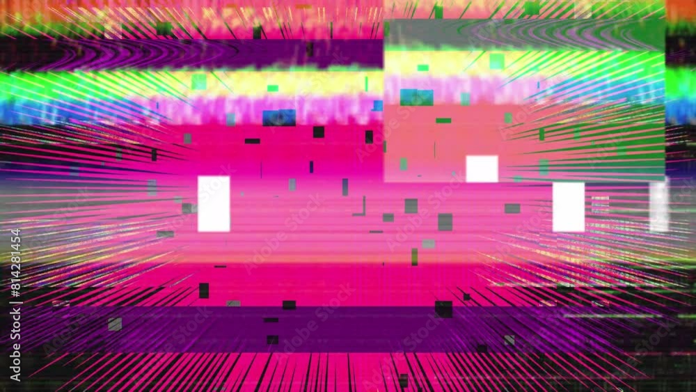 Aufkleber computer or television display with fast moving shapes and glitch and static effects