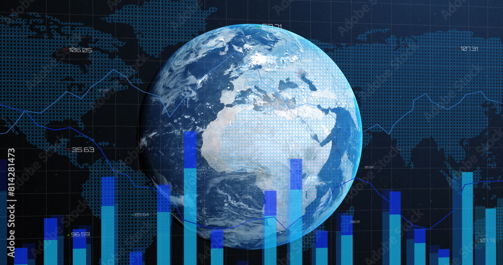 Poster image of statistical data processing over globe against world map on blue background