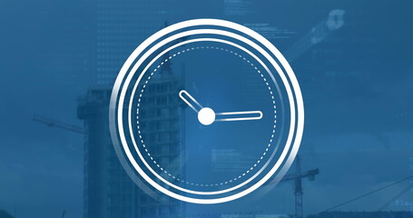 Image of ticking clock icon and data processing against aerial view of construction site