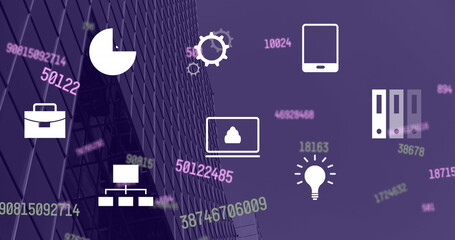 Image of changing numbers and digital icons against low angle view of tall building