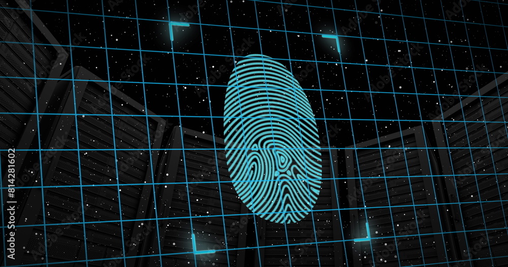 Aufkleber image of padlock in shields, scanning fingerprint over low angle view of server racks