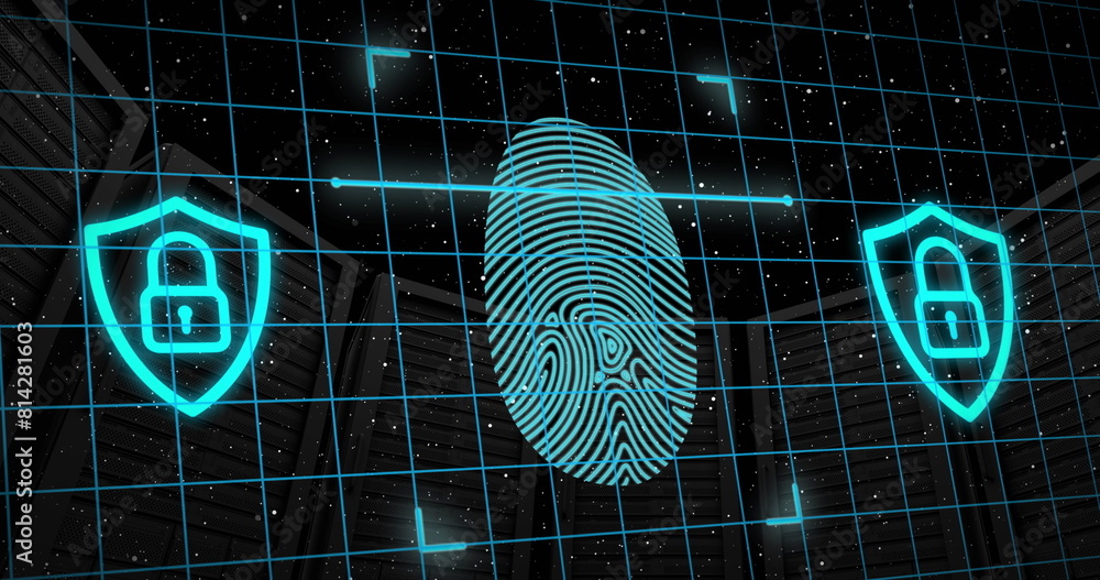 Poster image of padlock in shields, scanning fingerprint over low angle view of server racks