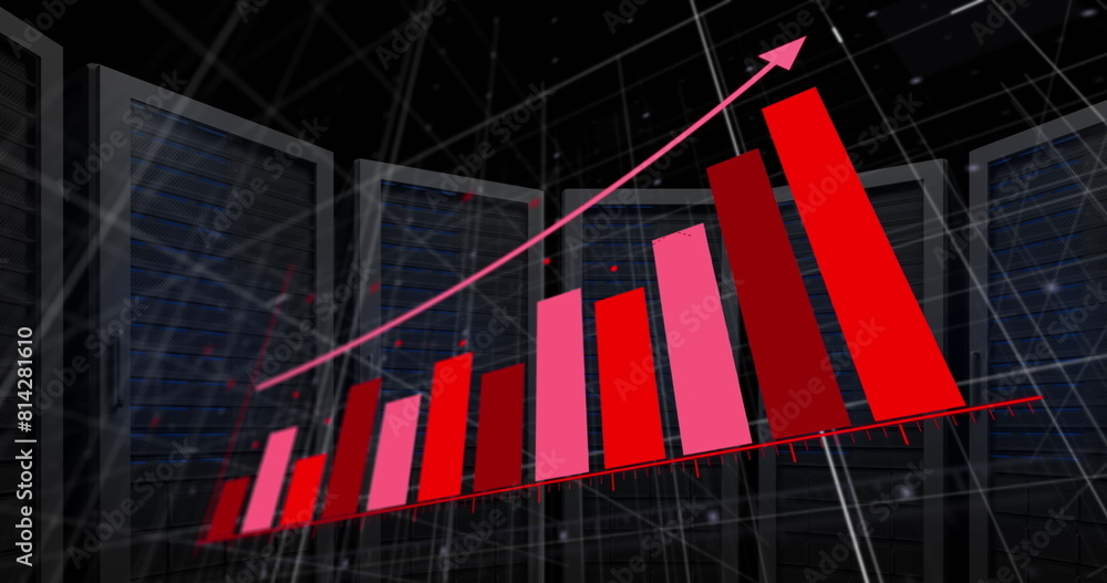 Poster image of arrow on graph over grid pattern over server system racks in background