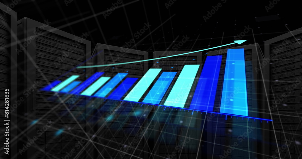 Poster image of arrow on graph over grid pattern over server system racks in background