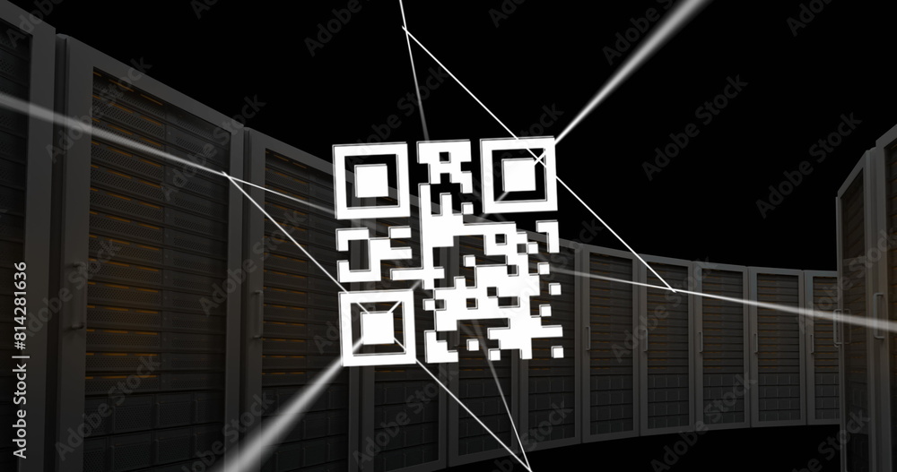 Poster image of qr code on lines over server system racks against black background