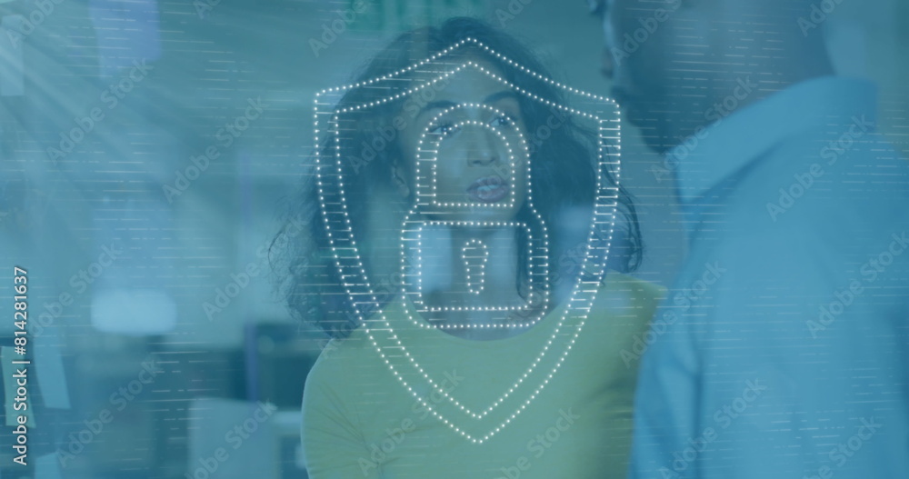 Poster Image of dots forming padlock in shield over diverse coworkers discussing in office