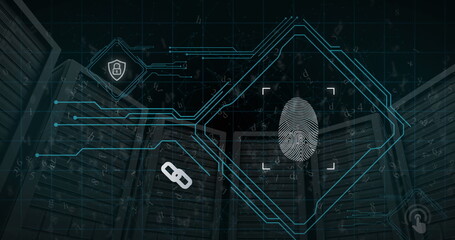 Image of scanning fingerprint, padlock, numbers, letters and connected dots over server racks