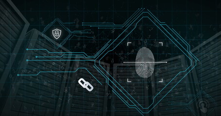 Image of scanning fingerprint, padlock, numbers, letters and connected dots over server racks