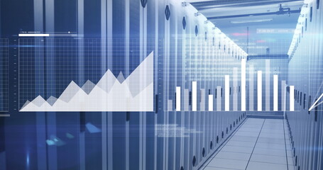 Image of multiple graphs and computer language moving over data server systems