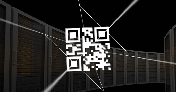 Image of qr code on lines over server system racks against black background - Powered by Adobe