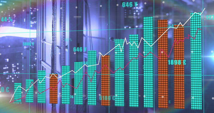 Image of multiple graphs and currency signs with changing numbers over data server racks