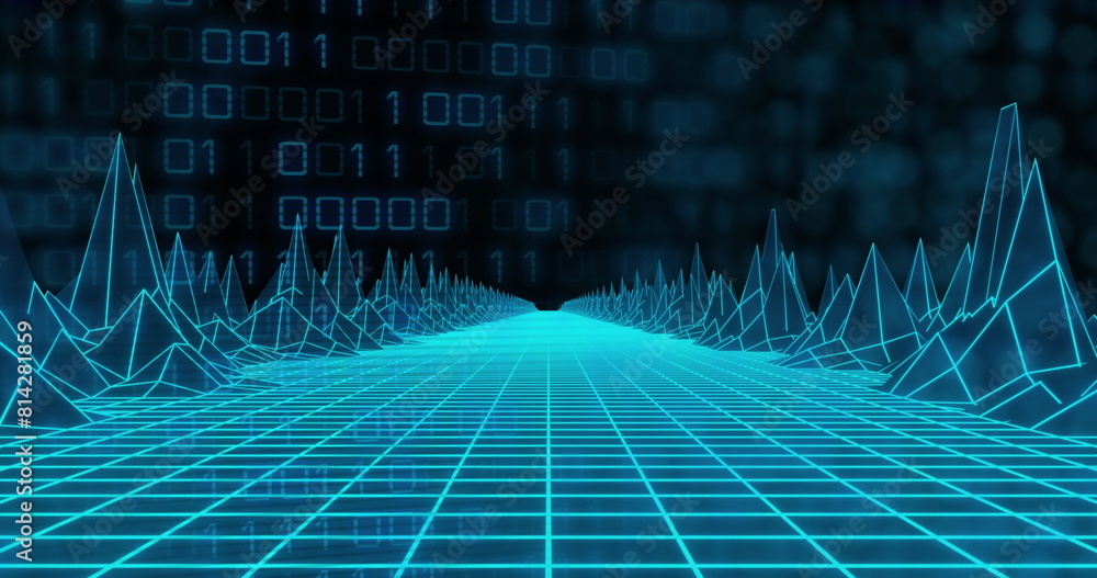 Poster image of 3d model of grid pattern forming mountain over binary codes against black background