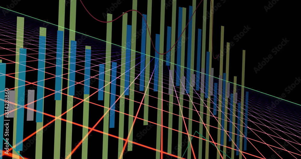 Poster image of multicolored graphs over grid pattern against black background