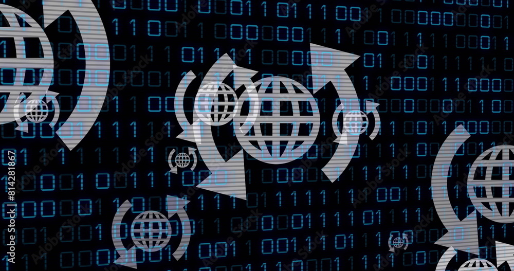 Poster image of arrow around globes over looping binary codes against black background