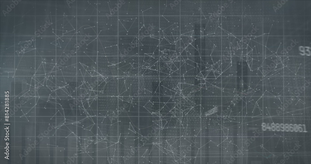 Poster image of changing numbers, security chain icon and network of connections on grey background