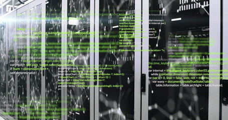 Image of computer languages and illuminated connected dots moving on data server systems