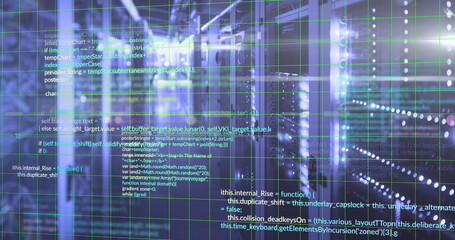 Image of programming languages and grid moving over data server rooms