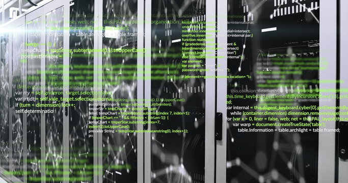 Image of computer languages and illuminated connected dots moving on data server systems - Powered by Adobe