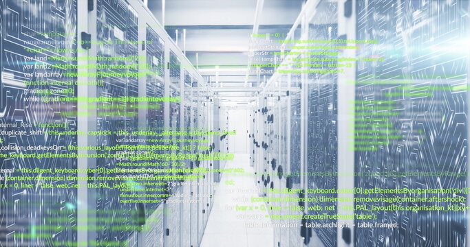 Image of programming languages and illuminated abstract lines moving on data server systems