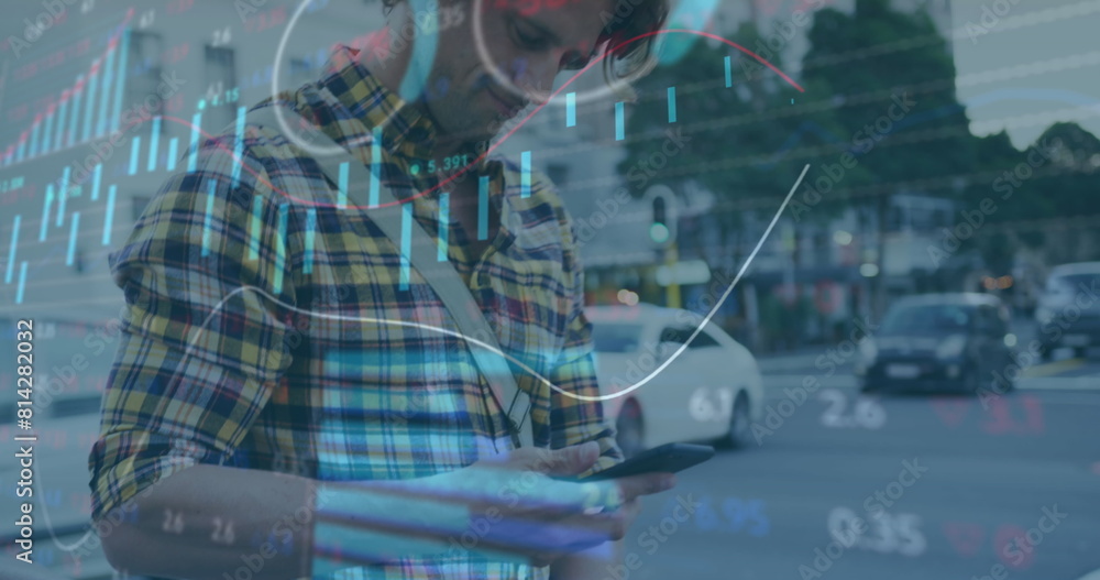 Poster image of graphs and trading board, caucasian man walking with bicycle and using smartphone