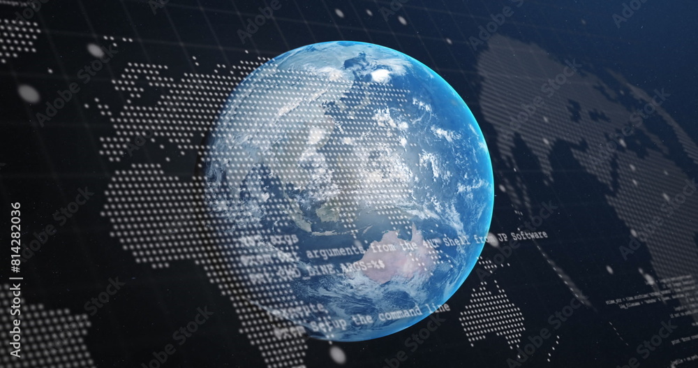 Poster image of computer language and map over globe against abstract background