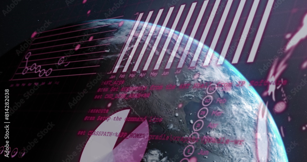 Poster image of graphs, globe and computer language over globe against abstract background