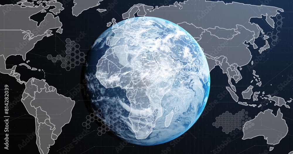 Poster image of circuit board pattern, map and globe over abstract background