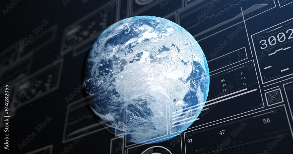 Poster image of graphs, changing numbers, loading circles and bars over globe on abstract background