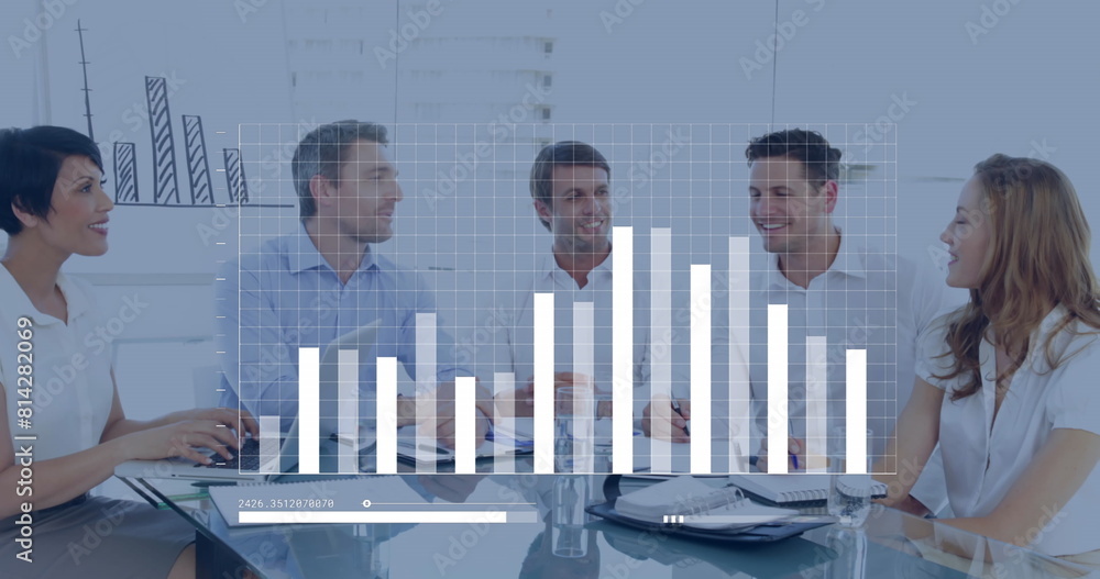 Poster image of graph and loading bar over diverse coworkers discussing and shaking hands in office