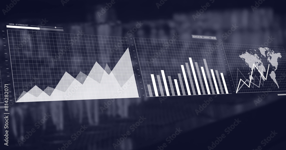 Poster image of multiple graphs moving over coffee maker machines in coffee shop