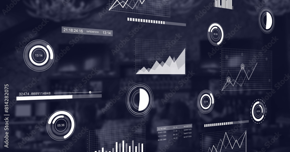 Poster image of multiple graphs moving over coffee shop