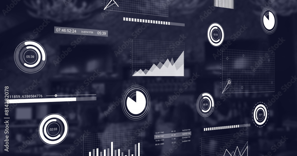 Poster image of multiple graphs moving over coffee shop