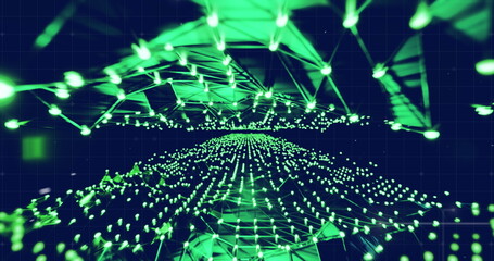 Image of connected dots forming dynamic waves over black background