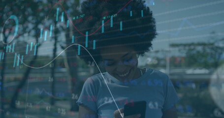 Image of statistical data processing over african american woman taking a selfie on street