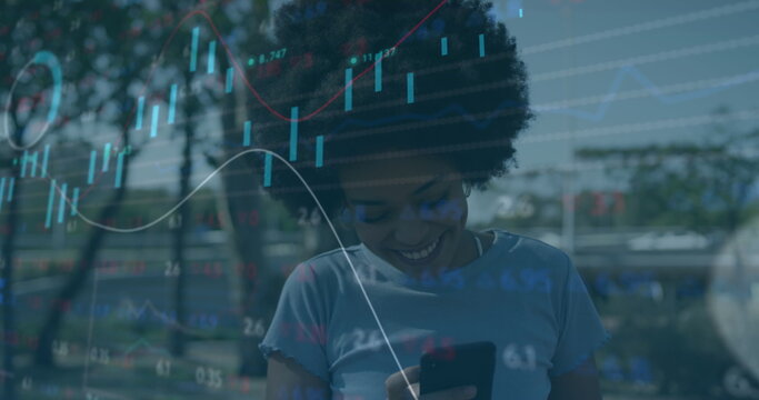 Image of statistical data processing over african american woman taking a selfie on street