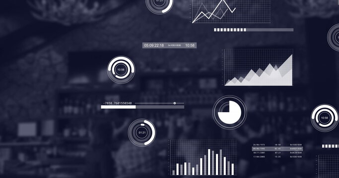 Image of multiple business graphs moving over coffee shop