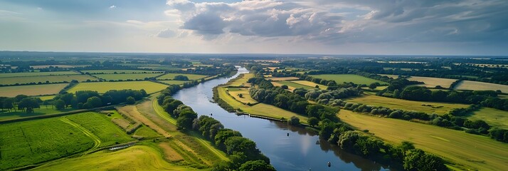 Little Baddow near Chelmsford, Essex, Aerial view of fields and farms surrounding River Chelmer canal and locks realistic nature and landscape